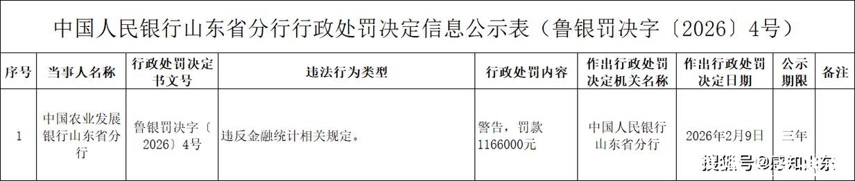 中国农业发展银行山东省分行被罚116.6万元:违反金融统计相关规定 中国农业发展银行山东省分行被罚116.6万元:违反金融统计相关规定